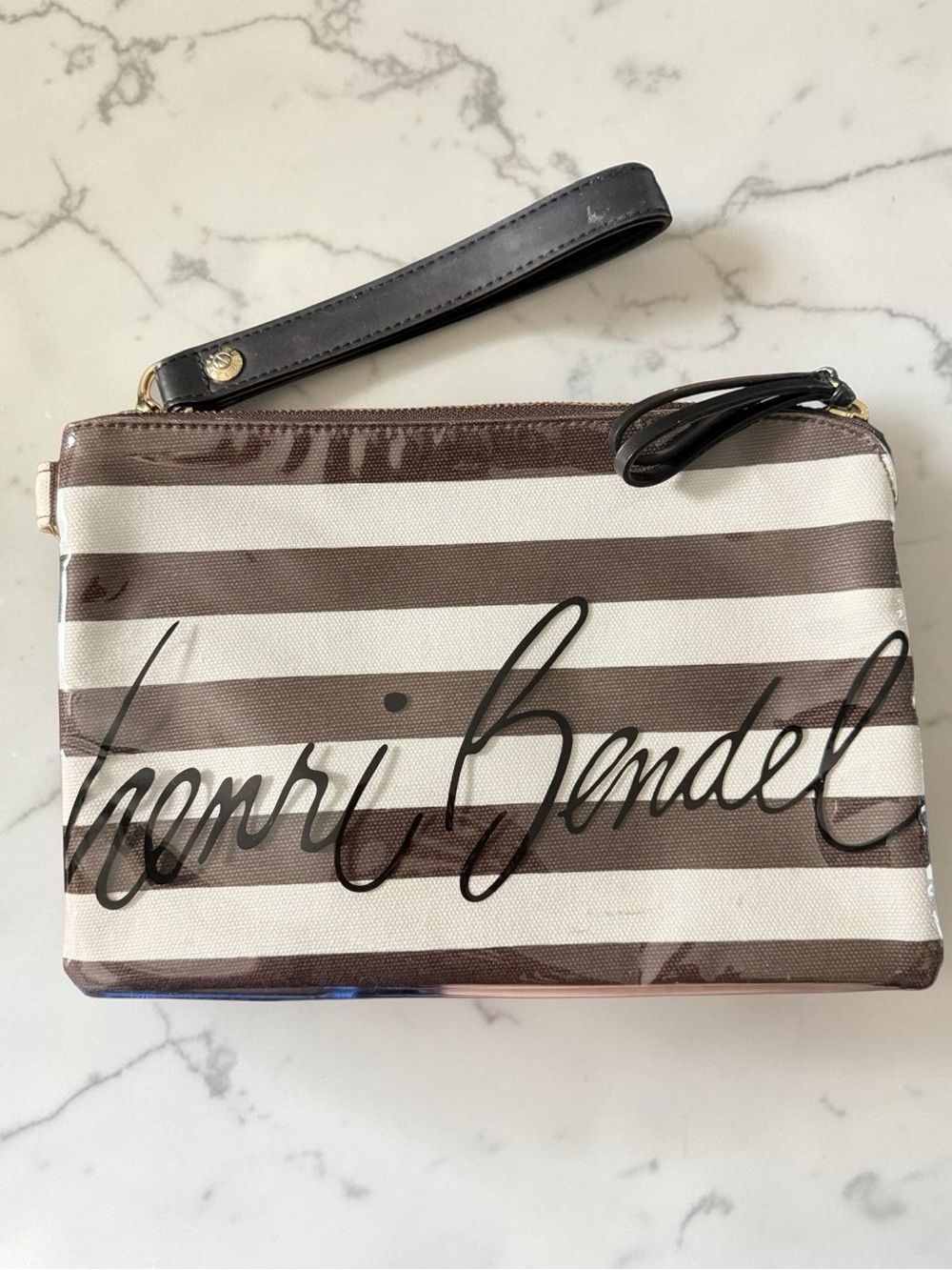 henri bendel 🪢 Brown and White Striped Signature Vinyl Wristlet Clutch
